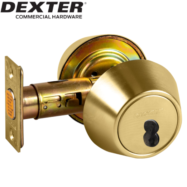 DEXTER Grade 2 Single Cylinder Deadbolt 2-3/8" or 2-3/4" Adjustable Backset, SFIC Prep Less Core Bright Brass Finish
